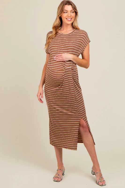 maternity sleeveless summer dress -Brown Striped Gathered Waist Maternity Dress