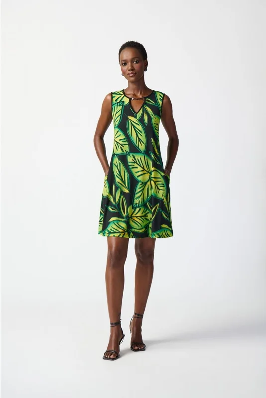 sleeveless beige dress -Joseph Ribkoff Black/Multi Tropical Leaf Print Sleeveless Tank Dress 241119