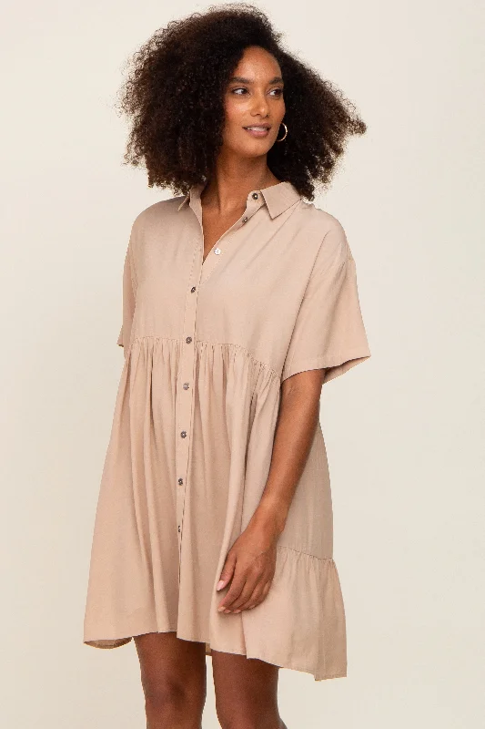 short sleeve one-shoulder dress -Taupe Buttondown Short Sleeve Dress