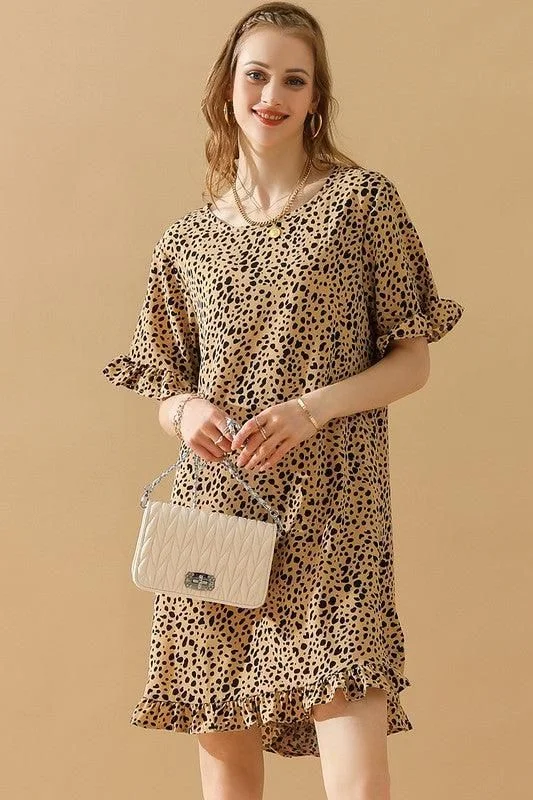 short sleeve everyday wear dress -LEOPARD PRINTING RUFFLED SHORT SLEEVE DRESS