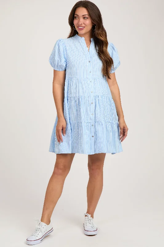 maternity breathable everyday dress -Blue Striped Button Down Tiered Maternity Dress