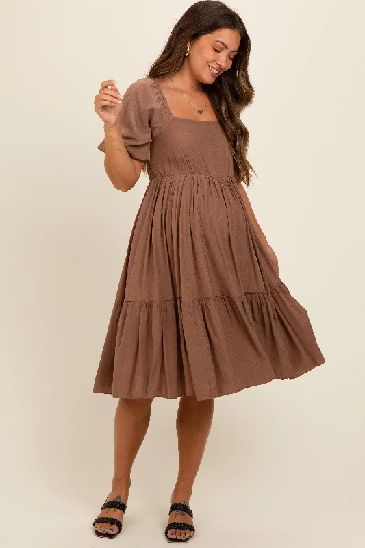 maternity long length dress -Brown Square Neck Puff Sleeve Maternity Dress