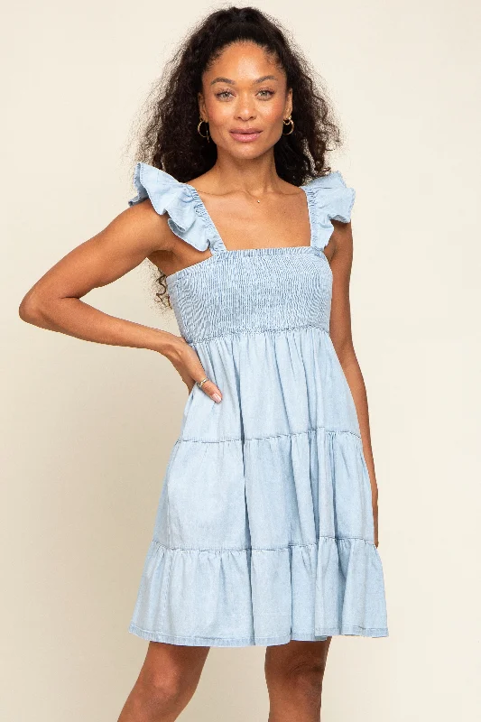 sleeveless bohemian dress -Light Blue Sleeveless Ruffle Tiered Dress