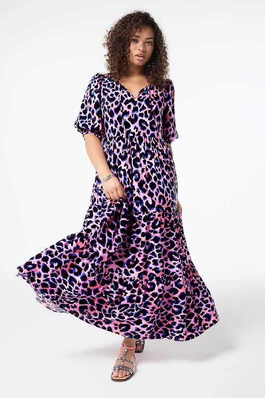 Women's maxi dress summer plaid -Pink with Blue and Black Shadow Leopard Tie Front Maxi Dress