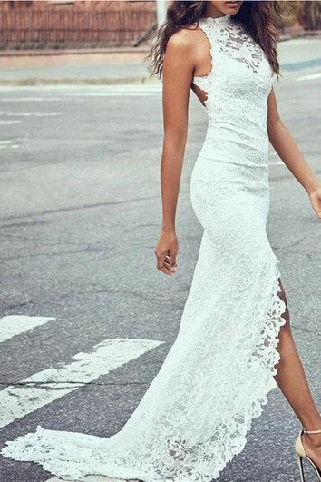 sleeveless color block dress -Sexy Lace Sheath Halter Sleeveless Keyhole Long Wedding Dress