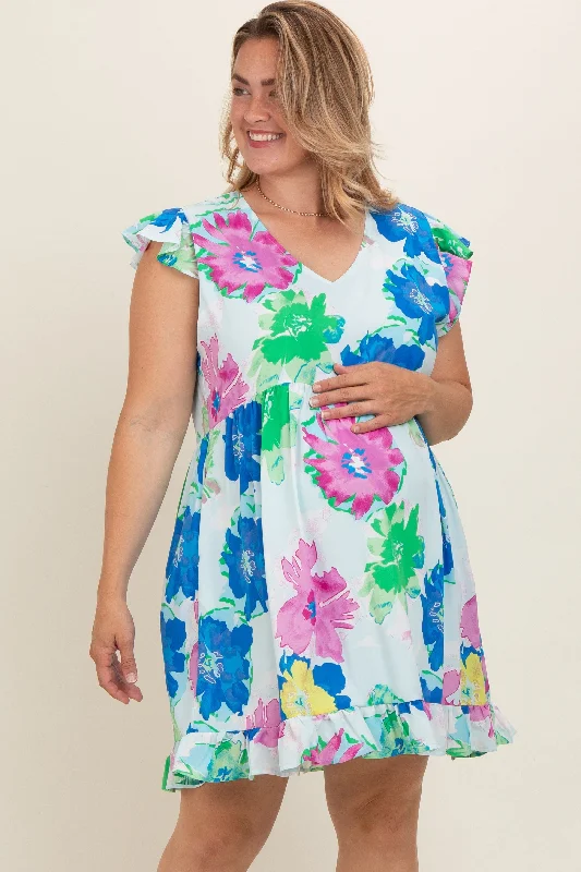 maternity flexible fit dress -Light Blue Floral Ruffle Accent Maternity Plus Dress