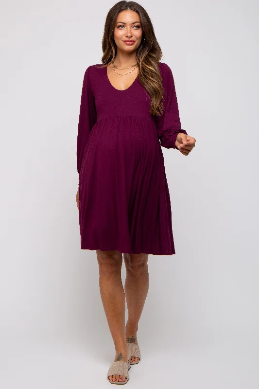 maternity satin dress -Burgundy Long Puff Sleeve Maternity Dress