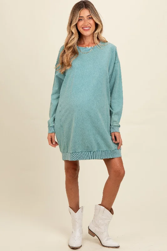 maternity long sleeve bodycon dress -Teal Mineral Wash Maternity Sweatshirt Dress