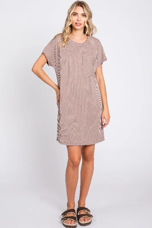 short sleeve retro glam dress -Mocha Ribbed Front Pocket Dolman Short Sleeve Dress