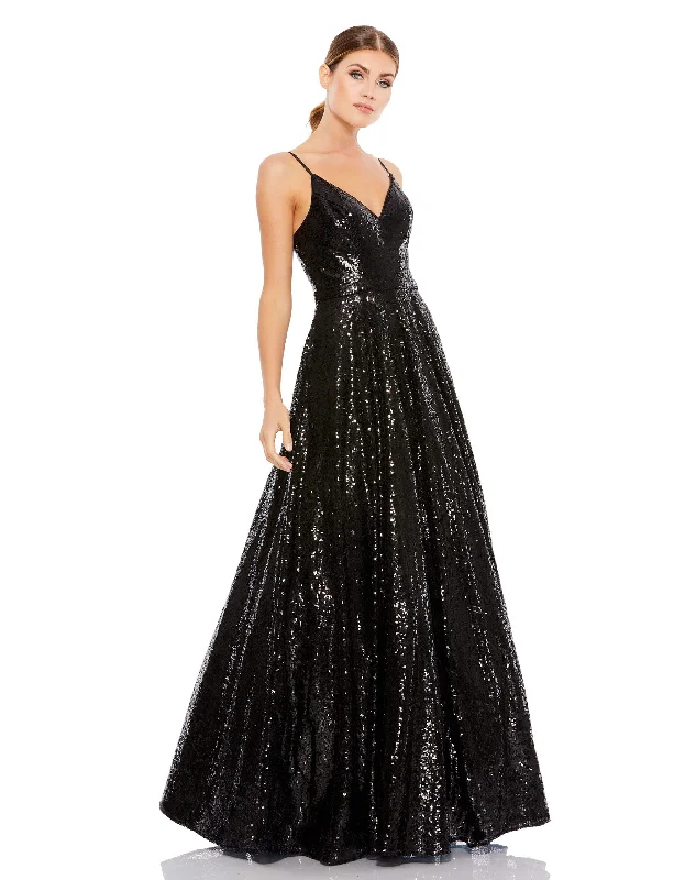 sleeveless tie-waist dress -Sequined Classic Sleeveless V Neck Ballgown