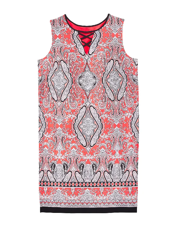 sleeveless romantic dress -Petail Lattice Detail Sleeveless Dress | Coral / Navy