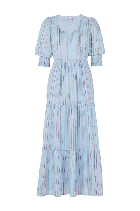 Women's maxi dress everyday chic -Pale Blue with Rainbow Lurex Tie Front Maxi Dress