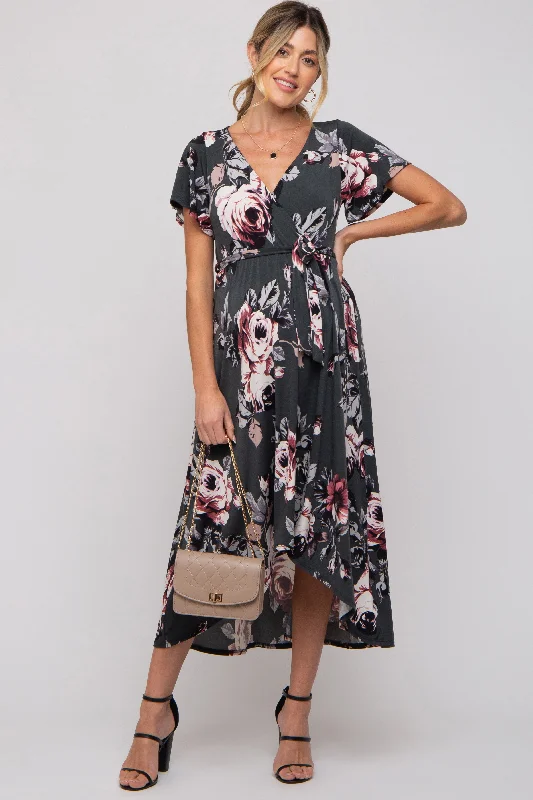 maternity breathable gown -Forest Green Floral High-Low Maternity Wrap Dress