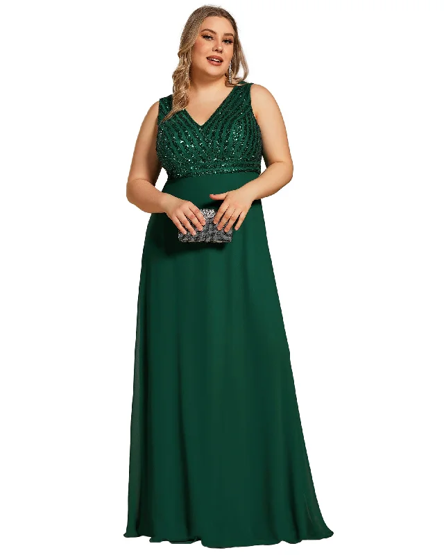 sleeveless cocktail dress -Sequin Sleeveless Double V-Neck Formal Evening Dress | Dark Green