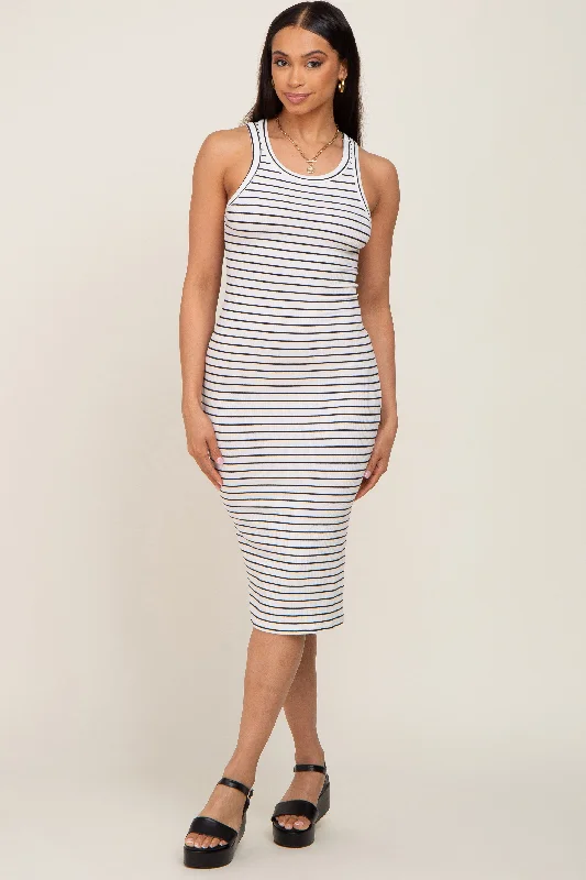 sleeveless A-line formal dress -White Striped Sleeveless Dress