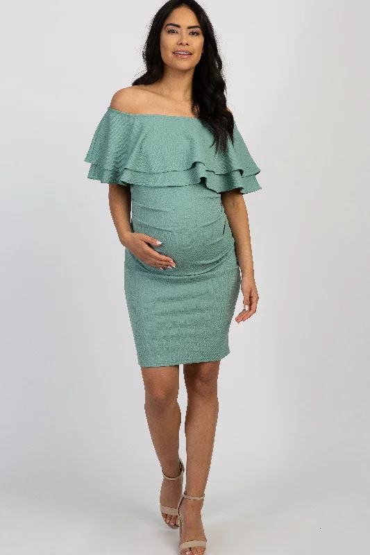 maternity summer bodycon dress -Sage Off Shoulder Fitted Maternity Dress