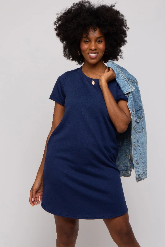 short sleeve pearl embellished dress -Navy French Terry Cuffed Short Sleeve Dress