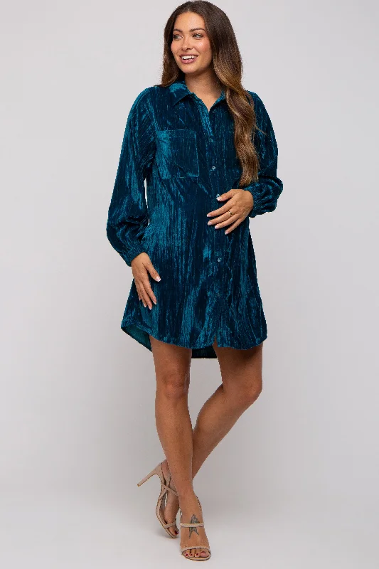 maternity button down dress -Teal Velour Button Up Maternity Dress