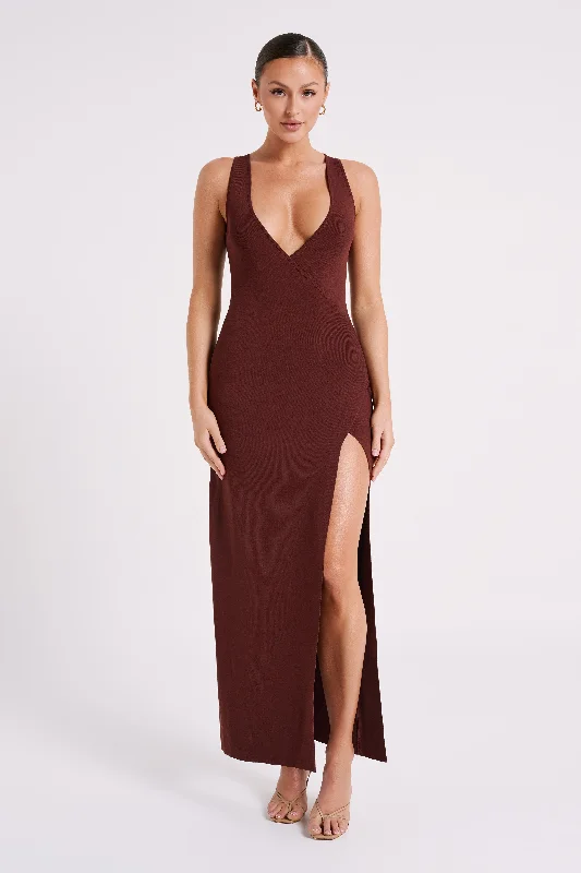 Women's maxi dress subtle shimmer -Araminta Knit Maxi Dress - Dark Chocolate