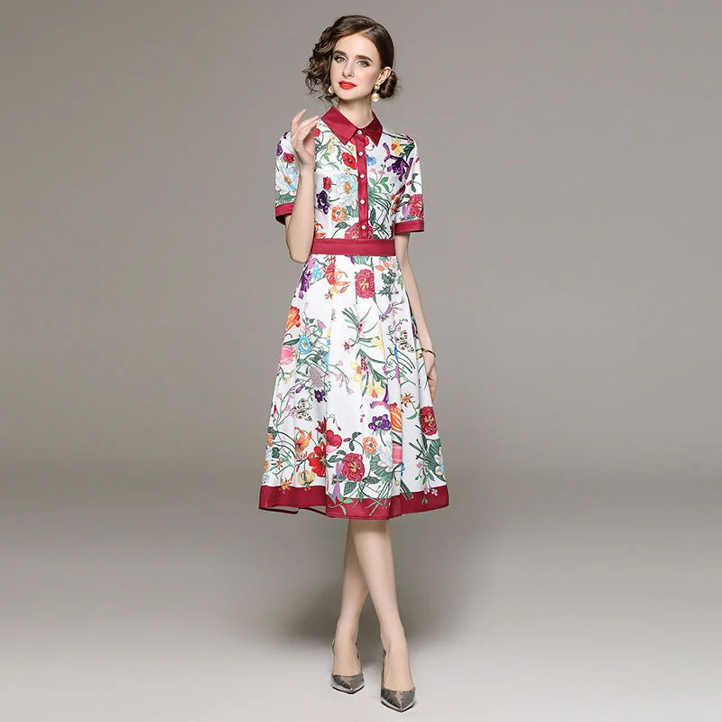 short sleeve breezy dress -Waist Slimming Positioning Printed Short Sleeve Dress