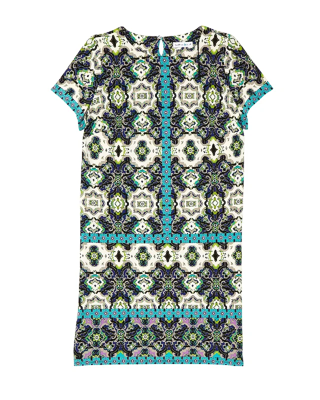 short sleeve sweater dress -Cyprus Short Sleeve Sheath Dress | Azure Blue / Light Green