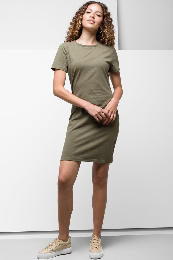 short sleeve lightweight dress -Short Sleeve Bodycon Dress Olive Green