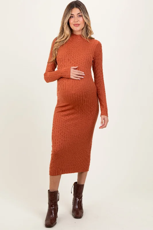 maternity cozy sweater dress -Rust Mock Neck Ribbed Maternity Sweater Dress