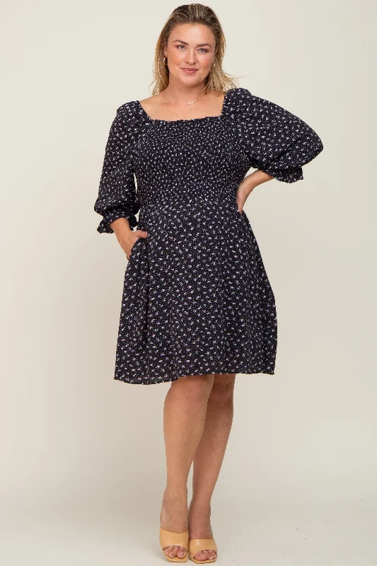 maternity nursing dress -Black Floral Square Neck Plus Maternity Dress