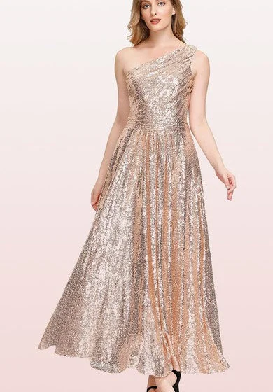 sleeveless mermaid dress -Vintage One-shoulder A Line Sleeveless Ankle-length Sequins Bridesmaid Dress With Ruching