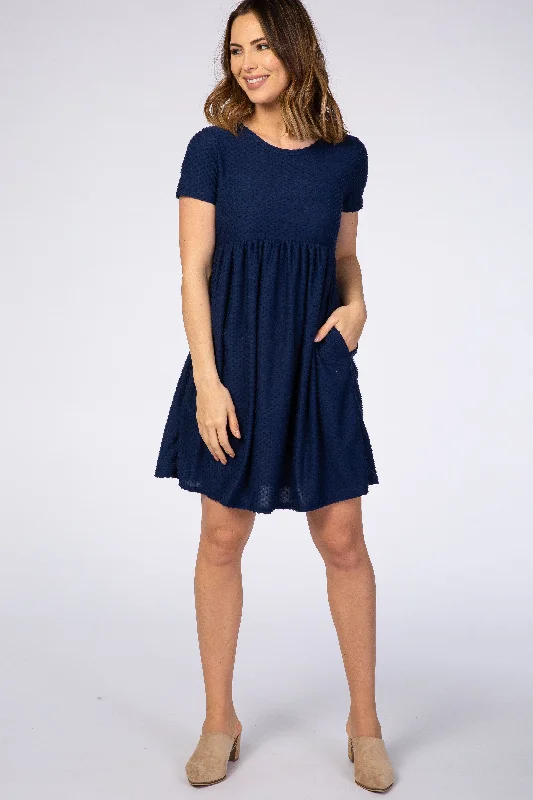 short sleeve party dress -Navy Swiss Dot Short Sleeve Dress