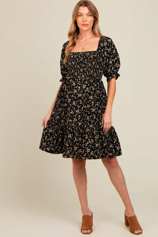 maternity stretchable maternity dress -Black Floral Smocked Puff Sleeve Maternity Dress