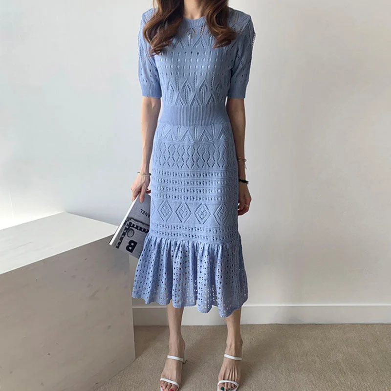 short sleeve fashion-forward dress -Round Neck Heavy Industry Cutout Short Sleeve Knit Dress With Suspenders