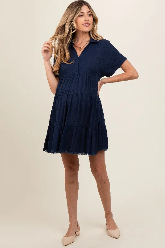 maternity wrap maternity dress -Navy Tiered Linen Maternity Dress