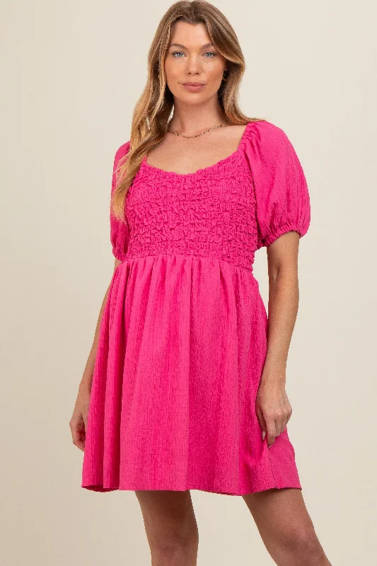 maternity ruffle hem dress -Pink Textured Bodice Maternity Dress