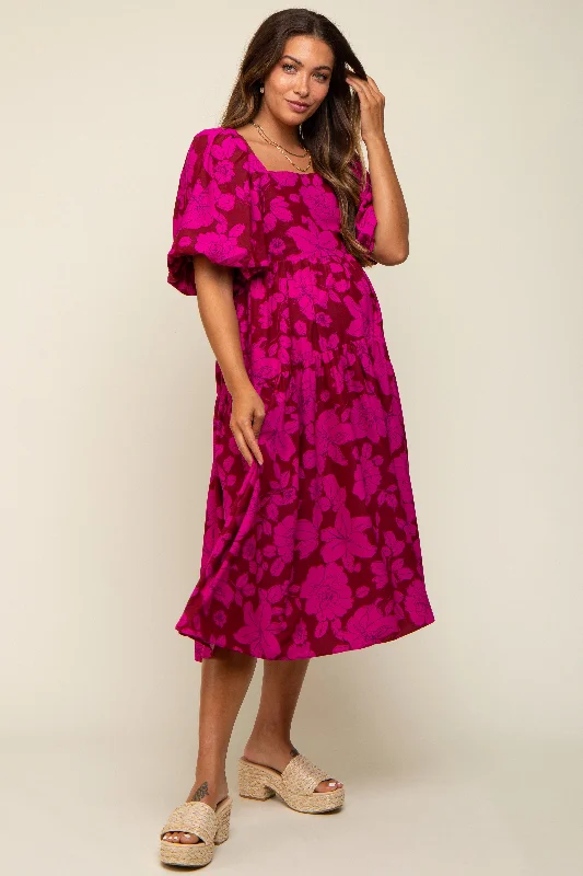 maternity functional nursing dress -Magenta Floral Puff Sleeve Tiered Maternity Dress