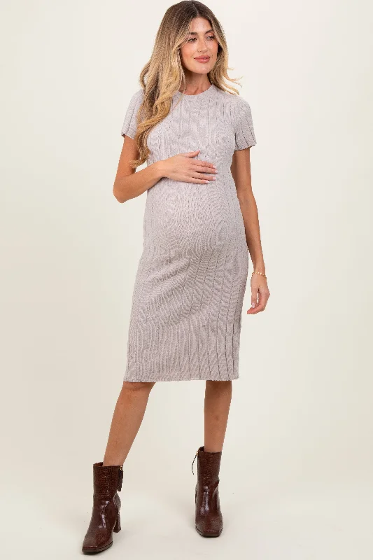 maternity off shoulder maxi dress -Beige Chenille Knit Short Sleeve Maternity Sweater Dress