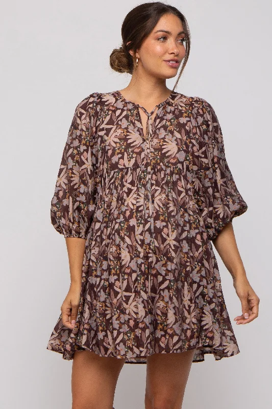 maternity stretch dress -Brown Floral 3/4 Sleeve Maternity Dress