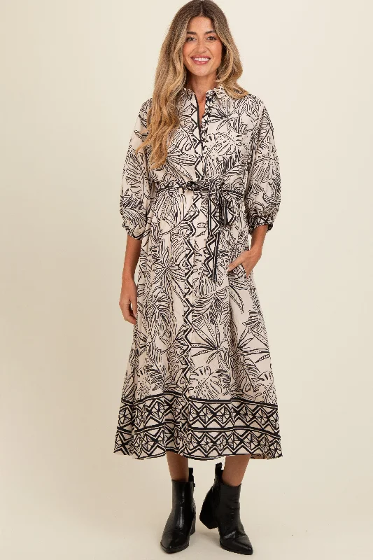 maternity denim dress -Black Tropical Print Button Down Maternity Shirt Dress