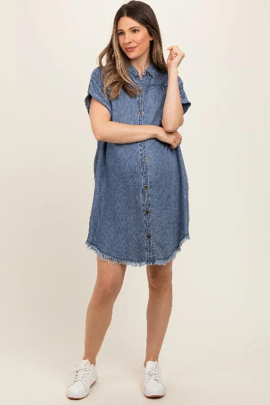 maternity adjustable fit dress -Navy Chambray Frayed Button Down Maternity Dress