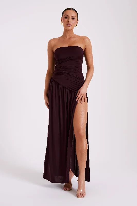 Women's maxi dress vintage denim -Bex Strapless Slinky Maxi Dress With Split - Burgundy