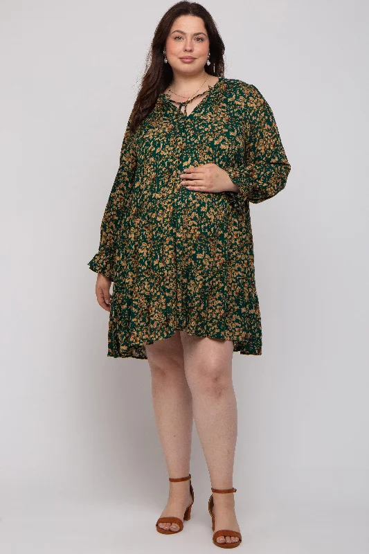 maternity functional nursing dress -Forest Green Leaf Print Long Sleeve Maternity Plus Dress