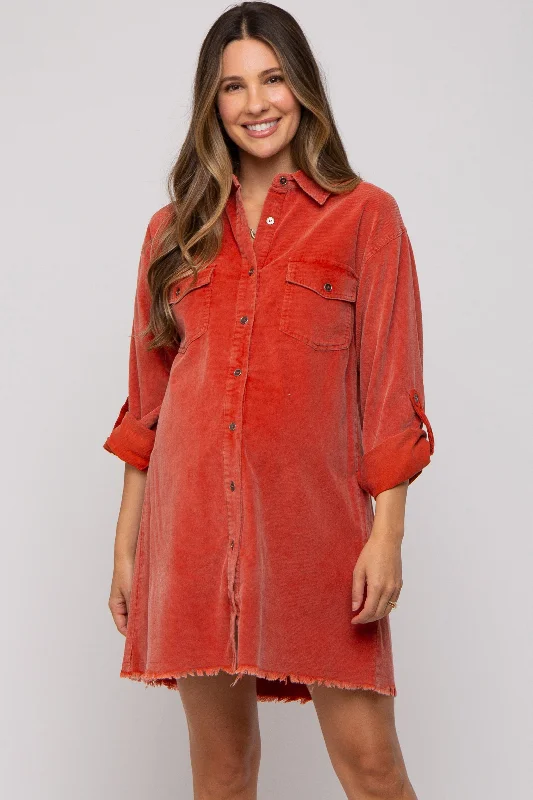 maternity high low dress -Rust Corduroy Button Front Fringe Hem Maternity Dress