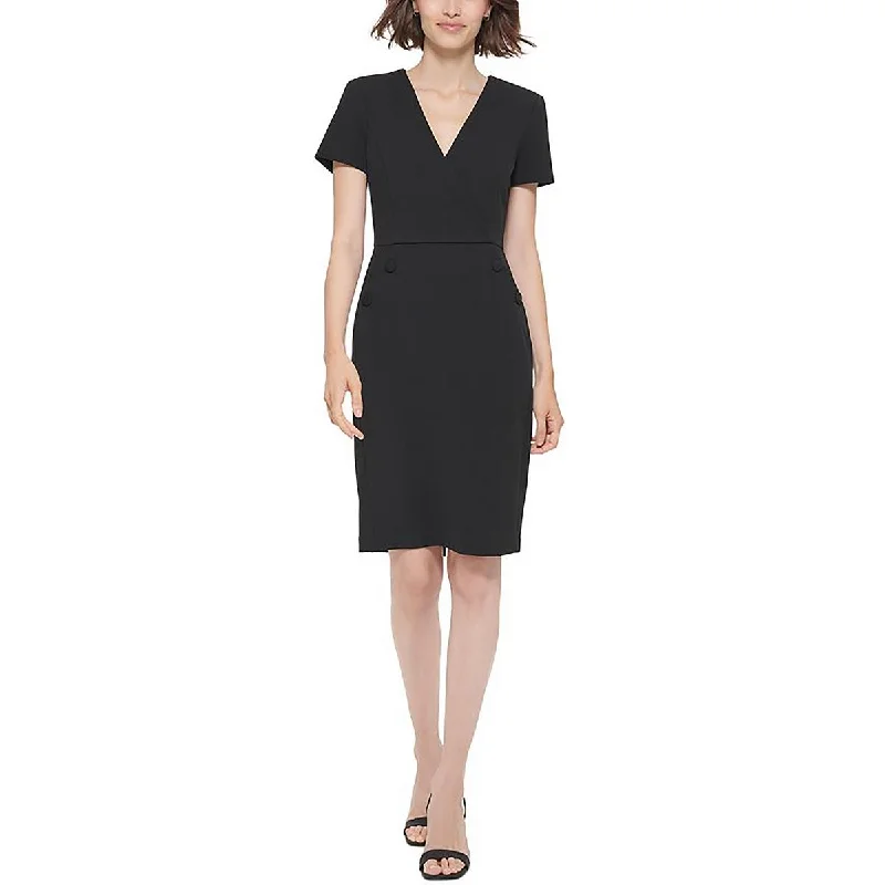 short sleeve deep V midi dress -Womens Knit Short Sleeves Sheath Dress