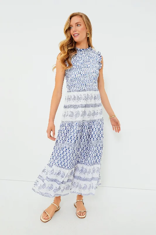 sleeveless maternity dress -Exclusive Flora Blue Sleeveless Smocked Maxi Dress