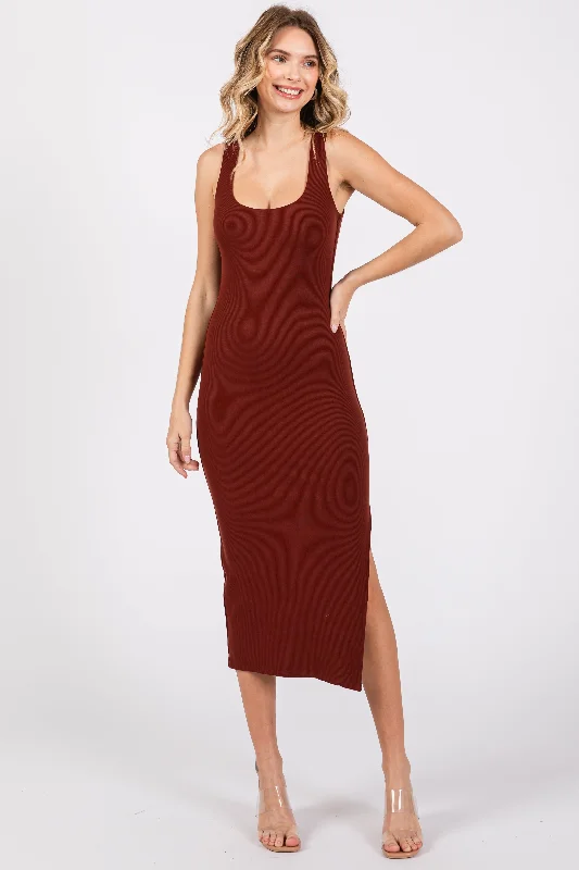 sleeveless soft cotton dress -Dark Rust Ribbed Knit Sleeveless Side Slit Dress