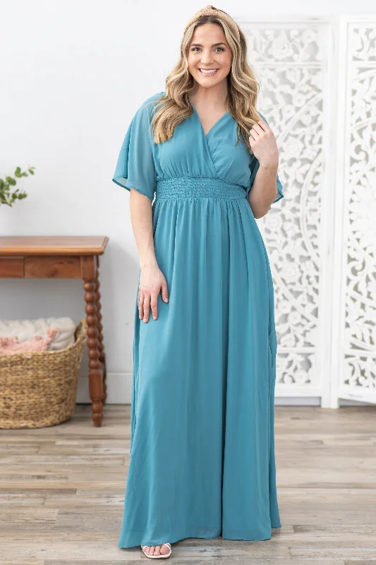 Women's maxi dress lightweight linen -Dusty Teal Leg Slit Maxi Dress