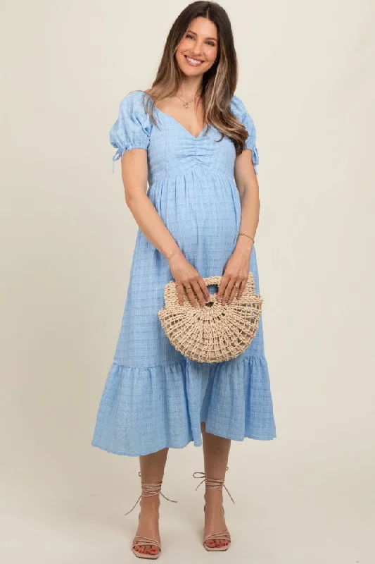 maternity holiday dress -Light Blue Solid Sweet Heart Maternity Dress