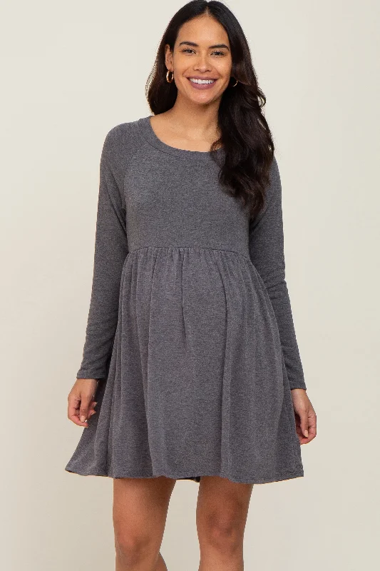 maternity layered maternity dress -Charcoal Heathered Long Sleeve Maternity Dress