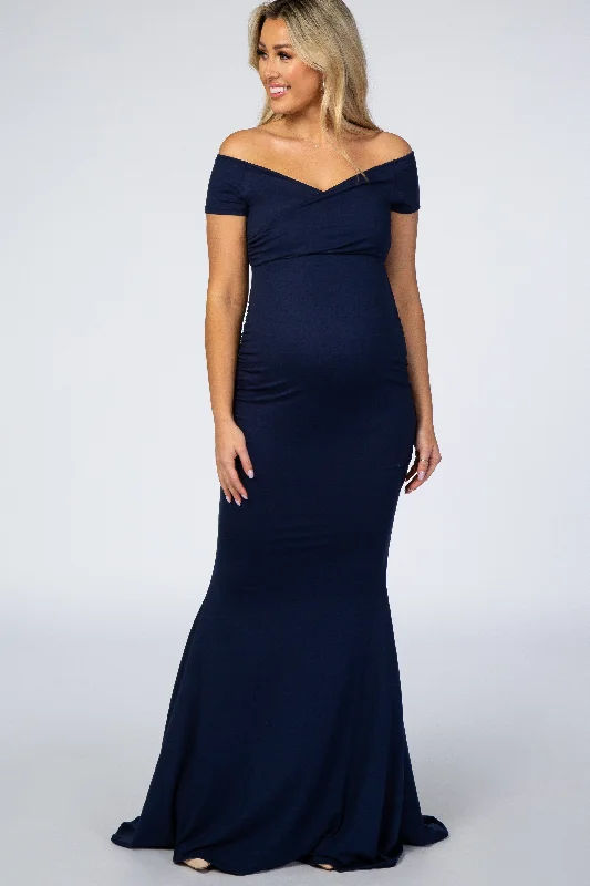 maternity long length dress -PinkBlush Navy Off Shoulder Wrap Maternity Photoshoot Gown/Dress