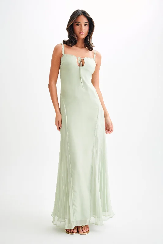 Women's maxi dress side ruffle -Saira Chiffon Maxi Dress - Pastel Green